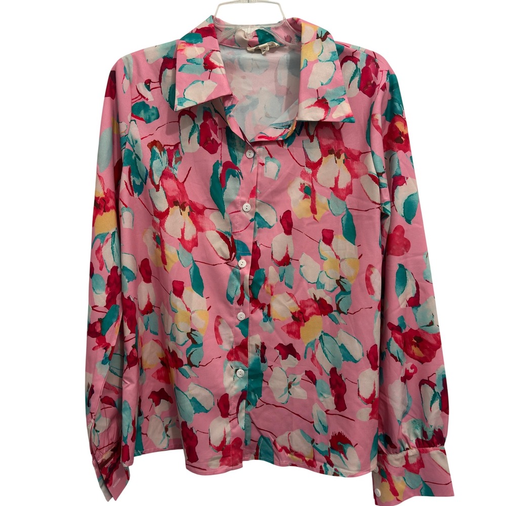 Pink Ripple Floral Button Up Shirt M Pink Teal Painterly Print Long Sleeve Boho
